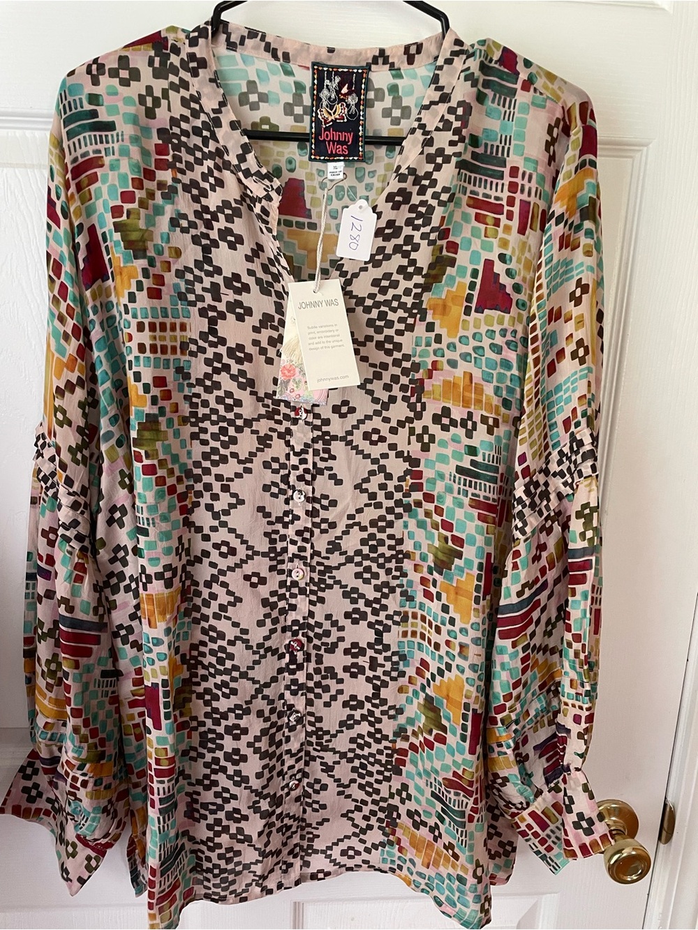 NWT Johnny Was Malina Blouse XL Etris Mosaic Geometric Boho Button Top
